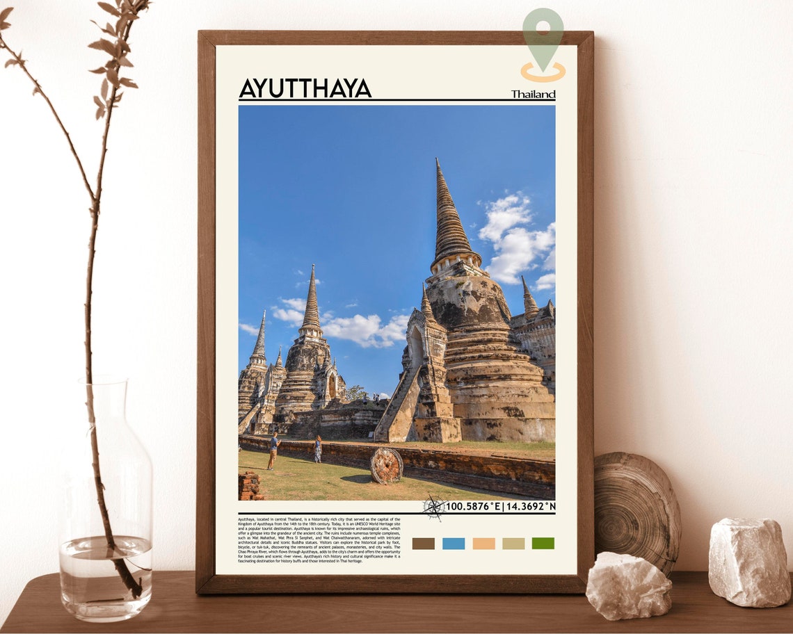 Ayutthaya Thailand Ancient Temple Ruins Sunset Travel Poster