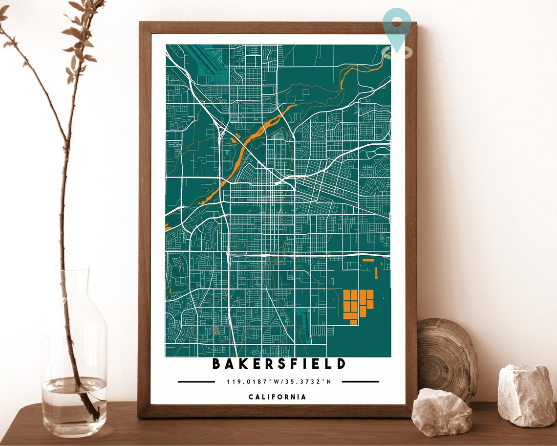 Bakersfield California charcoal with orange highlights Street Map Coordinates Poster - Image 5