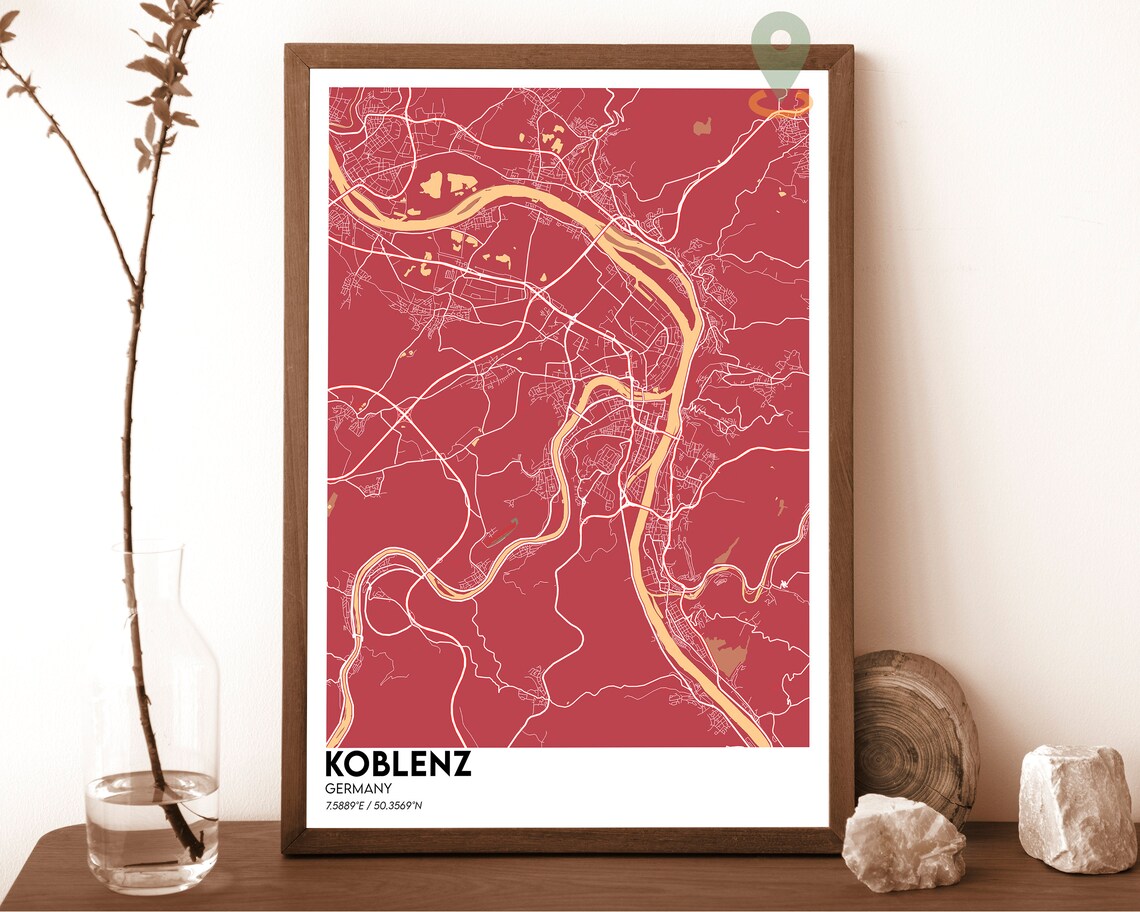 Koblenz Germany City Street Map Minimalist Urban Navy Yellow Art Poster - Image 4