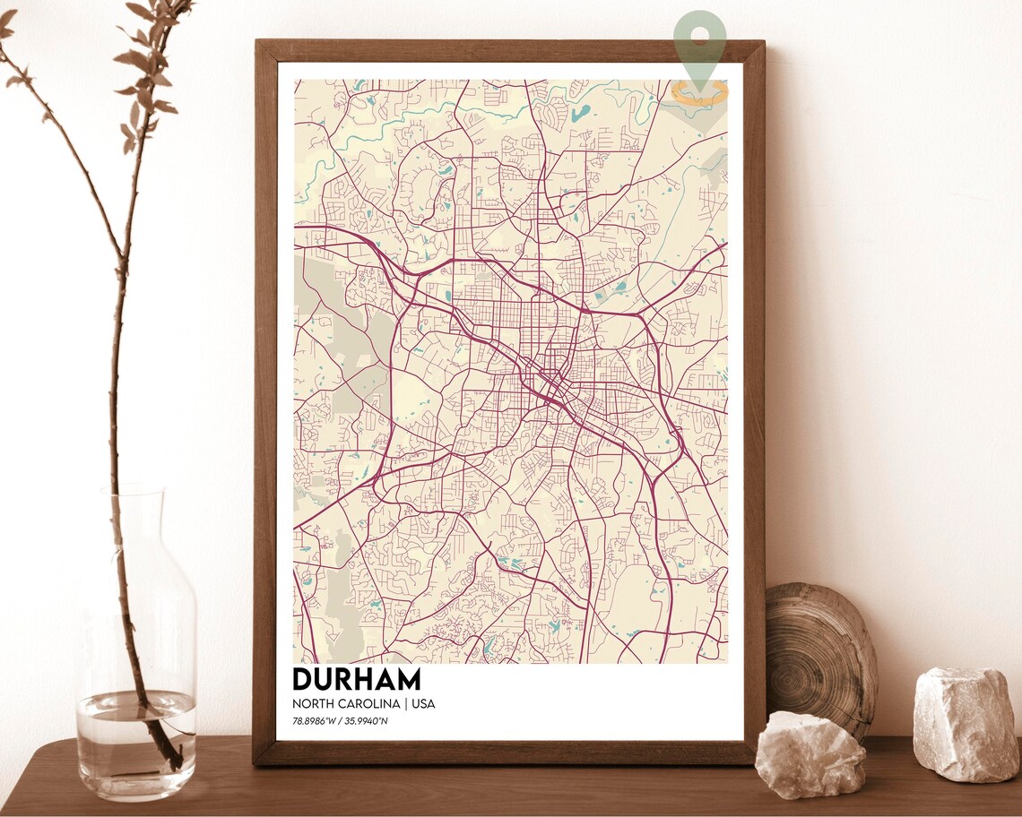 Durham North Carolina City Map Burgundy Street Grid Wall Poster