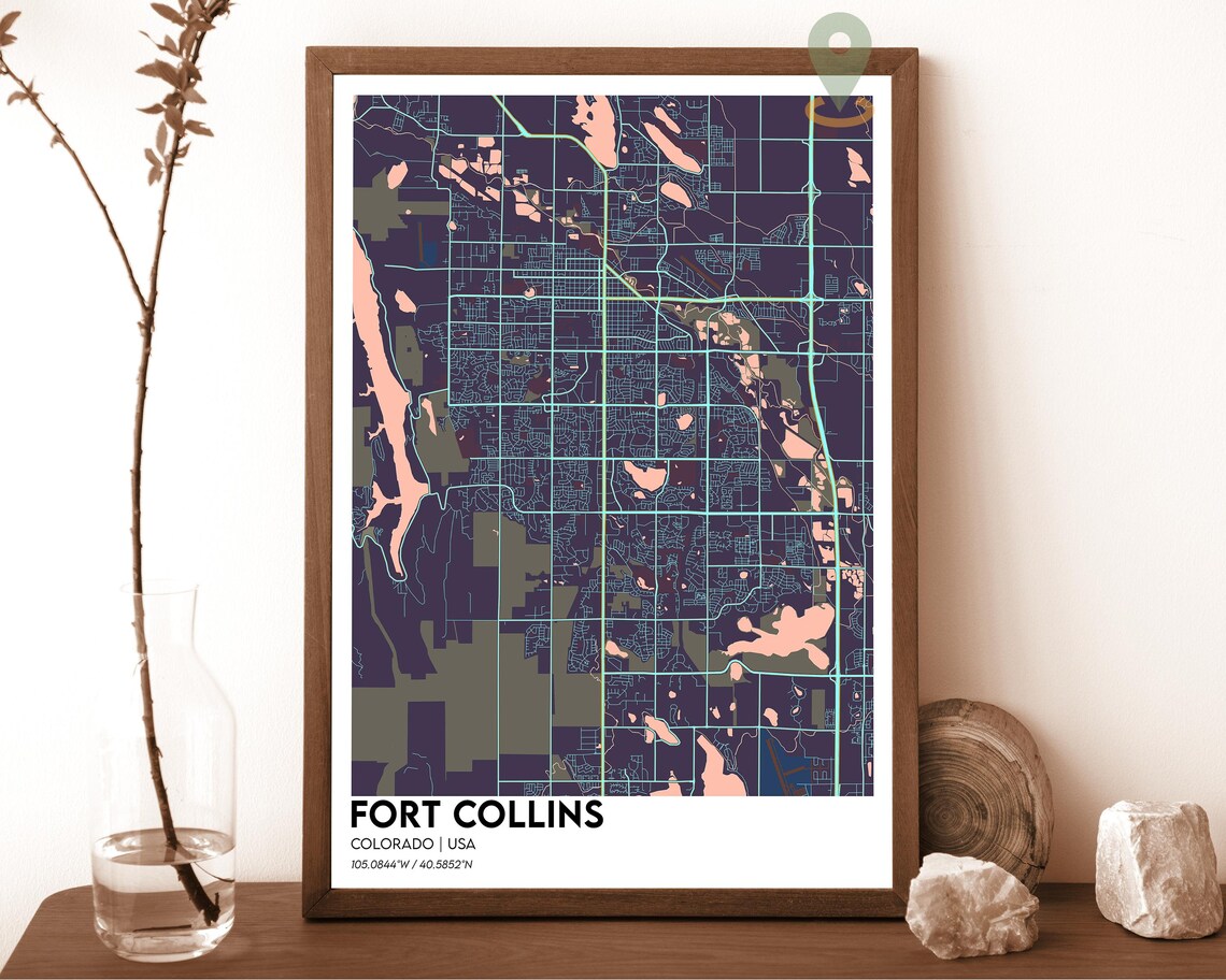 Fort Collins Colorado USA Contemporary Dark City Map Street Art Poster
