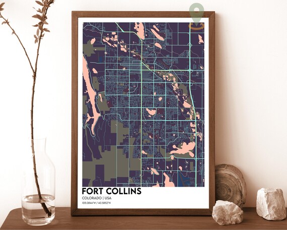 Fort Collins Colorado USA Contemporary Dark City Map Street Art Poster