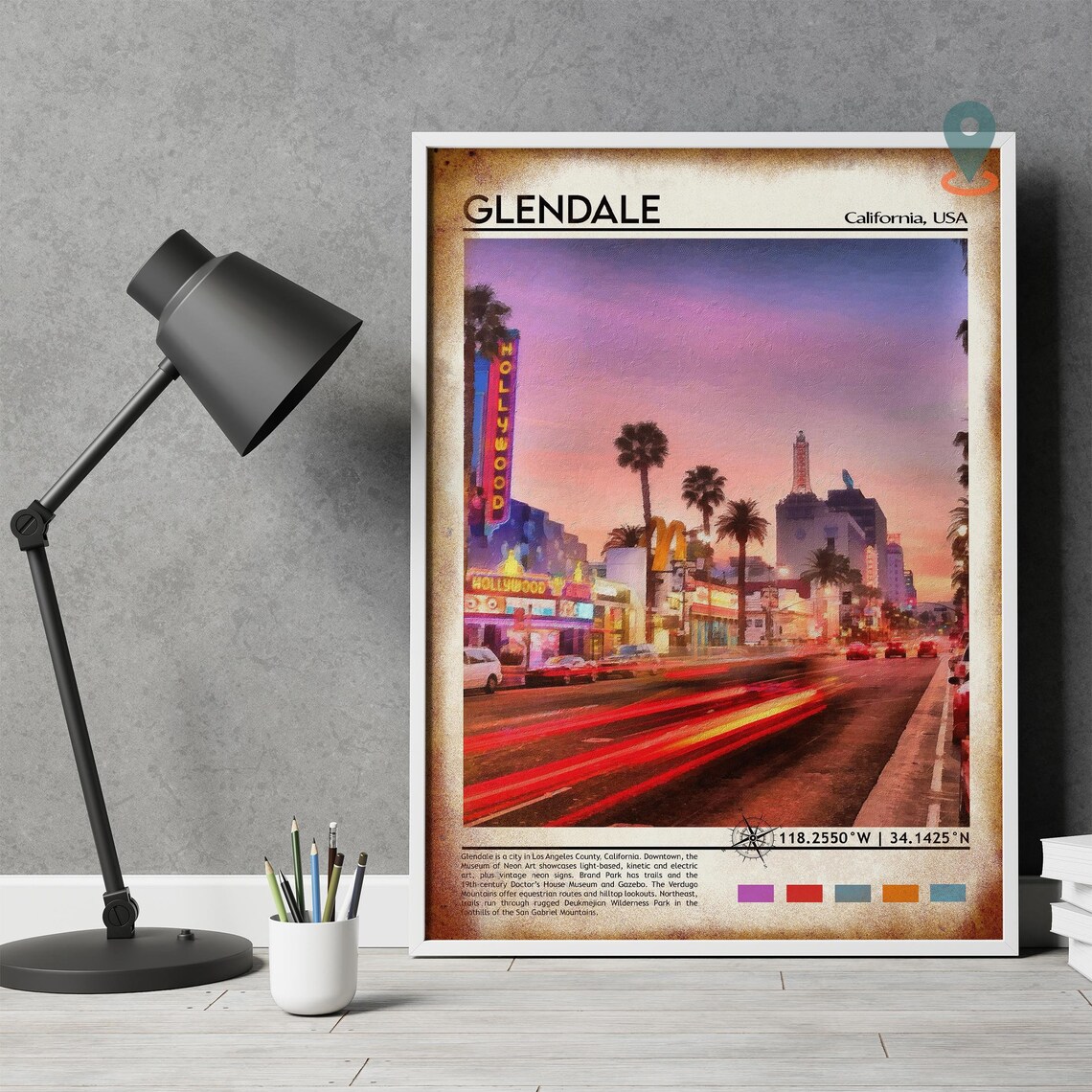 Glendale California Sunset Neon Street Watercolor City Poster - Image 4
