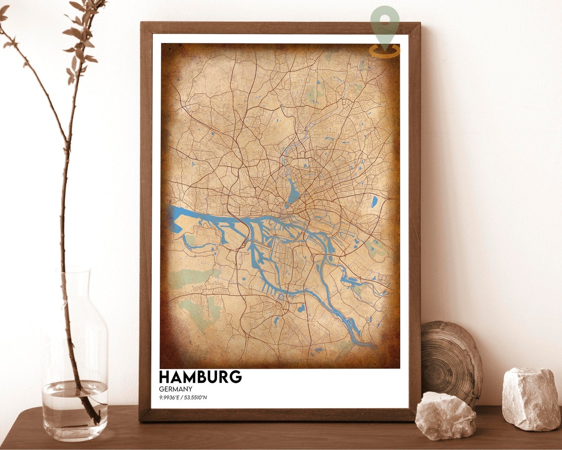 Hamburg Germany Vintage Sepia Elbe River Old Map Style Poster