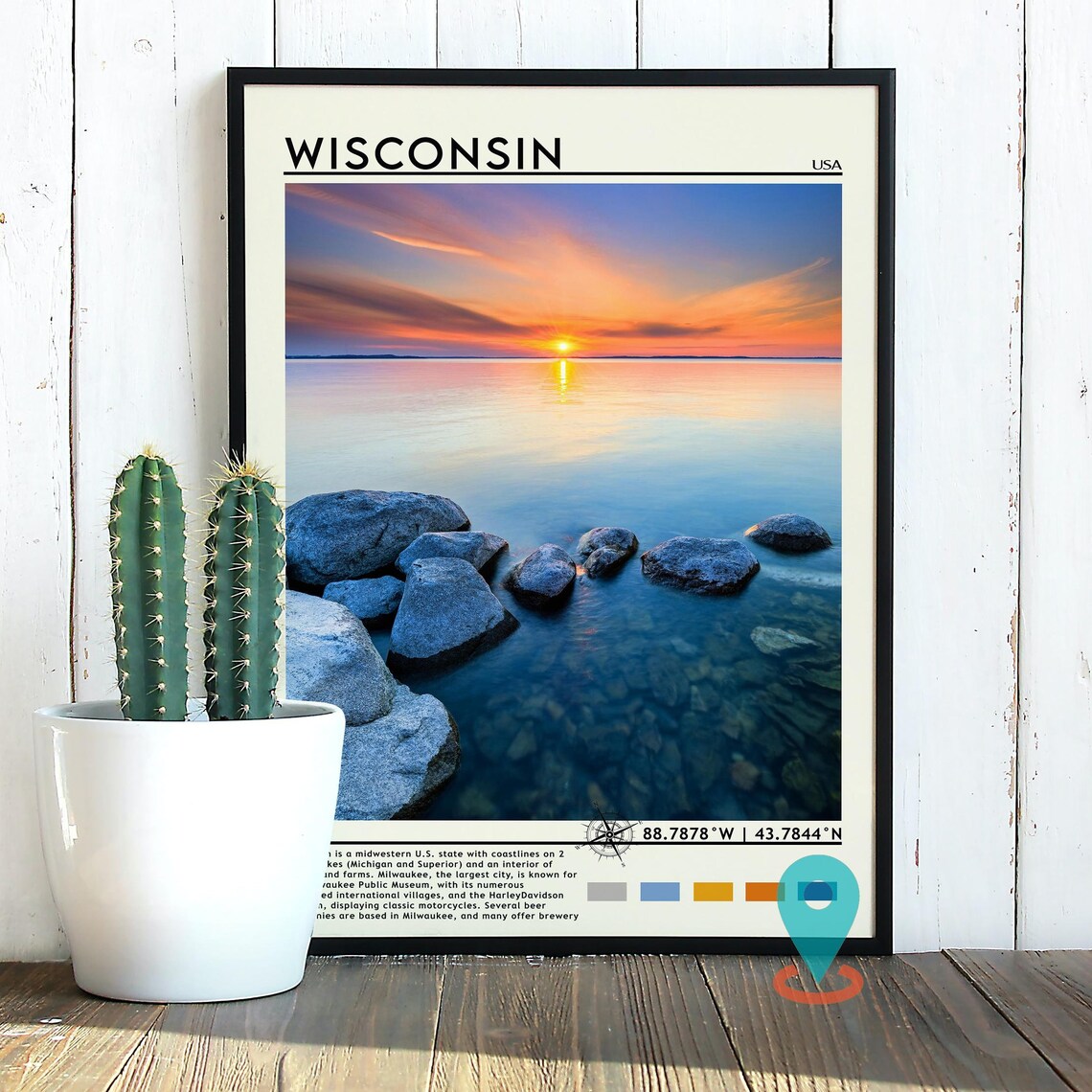 Wisconsin USA Serene Sunset Over Water Rocky Shore Travel Poster - Image 3