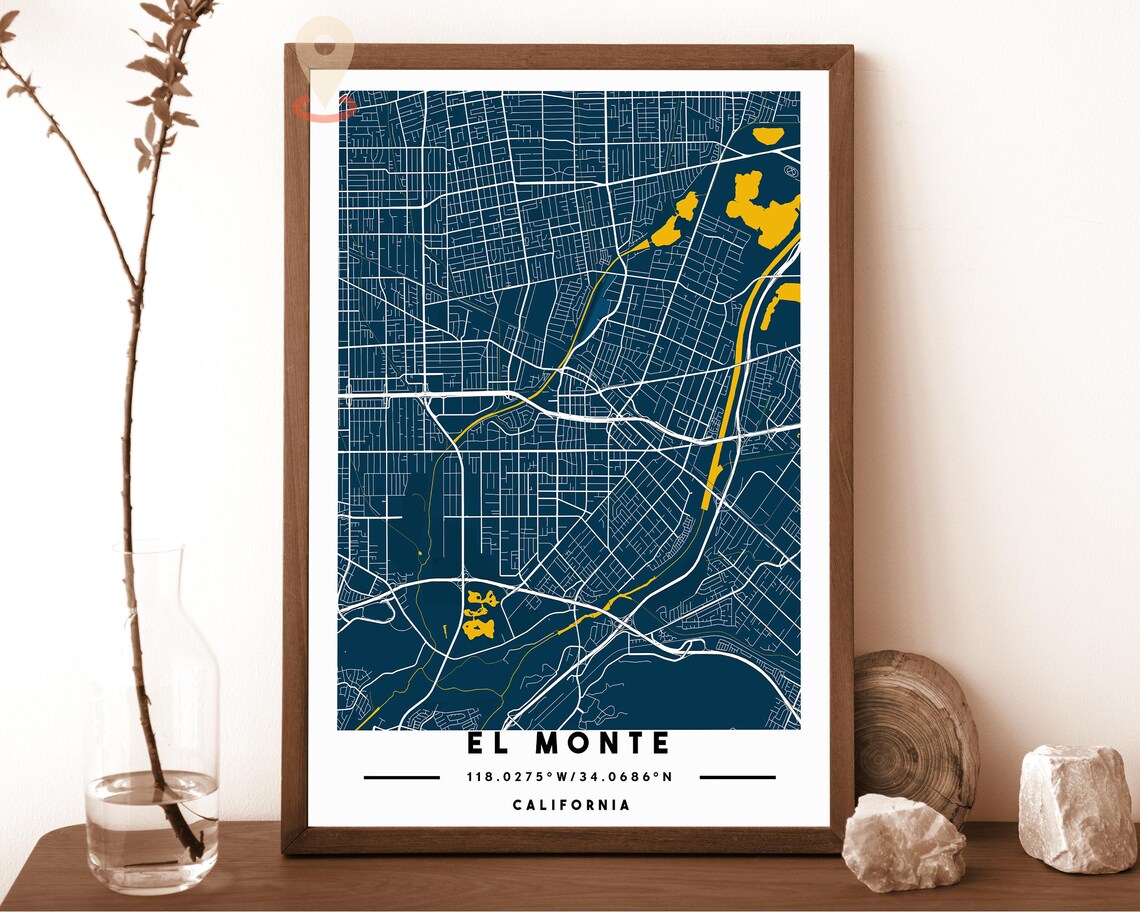 El Monte California Navy Yellow Minimal City Street Map Poster
