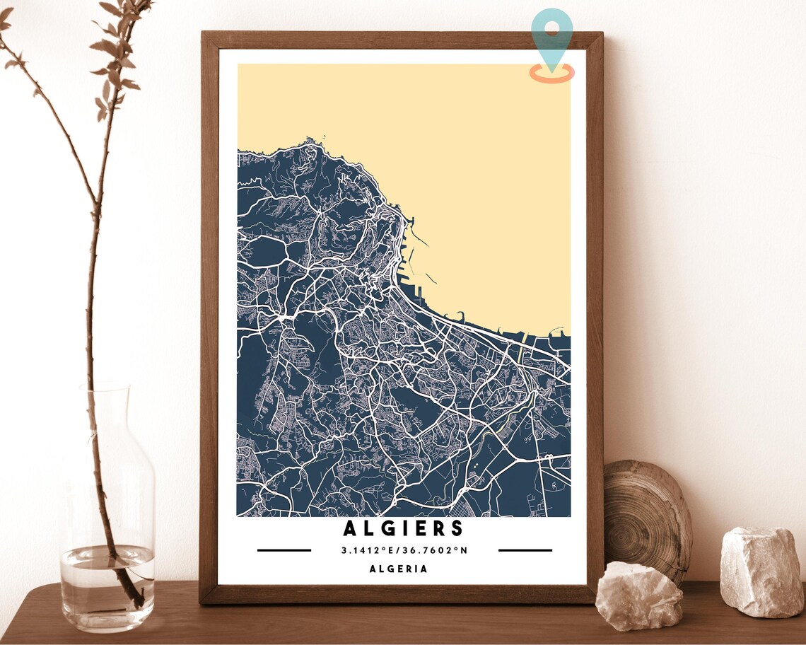 Algiers Algeria navy with a pale cream coast Street Map Coordinates Poster