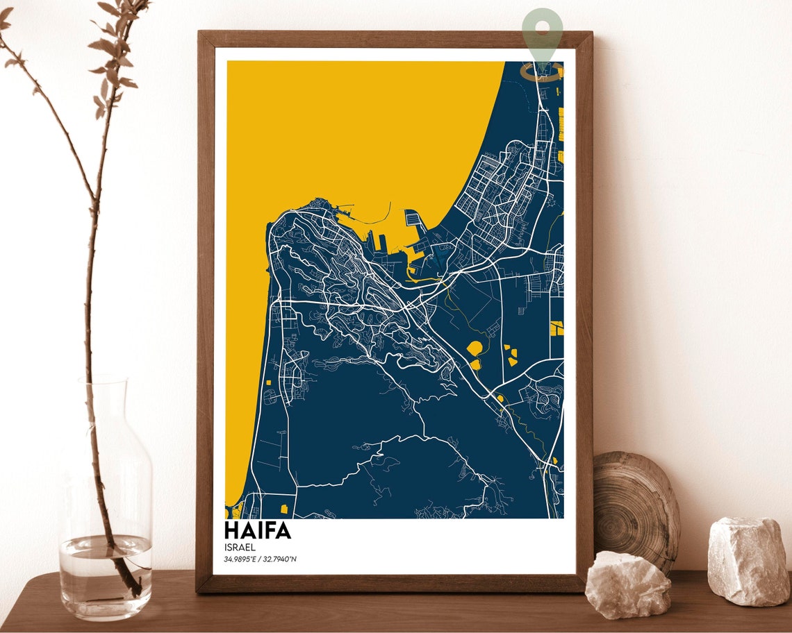 Haifa Israel Navy Yellow City Street Map Modern Travel Poster
