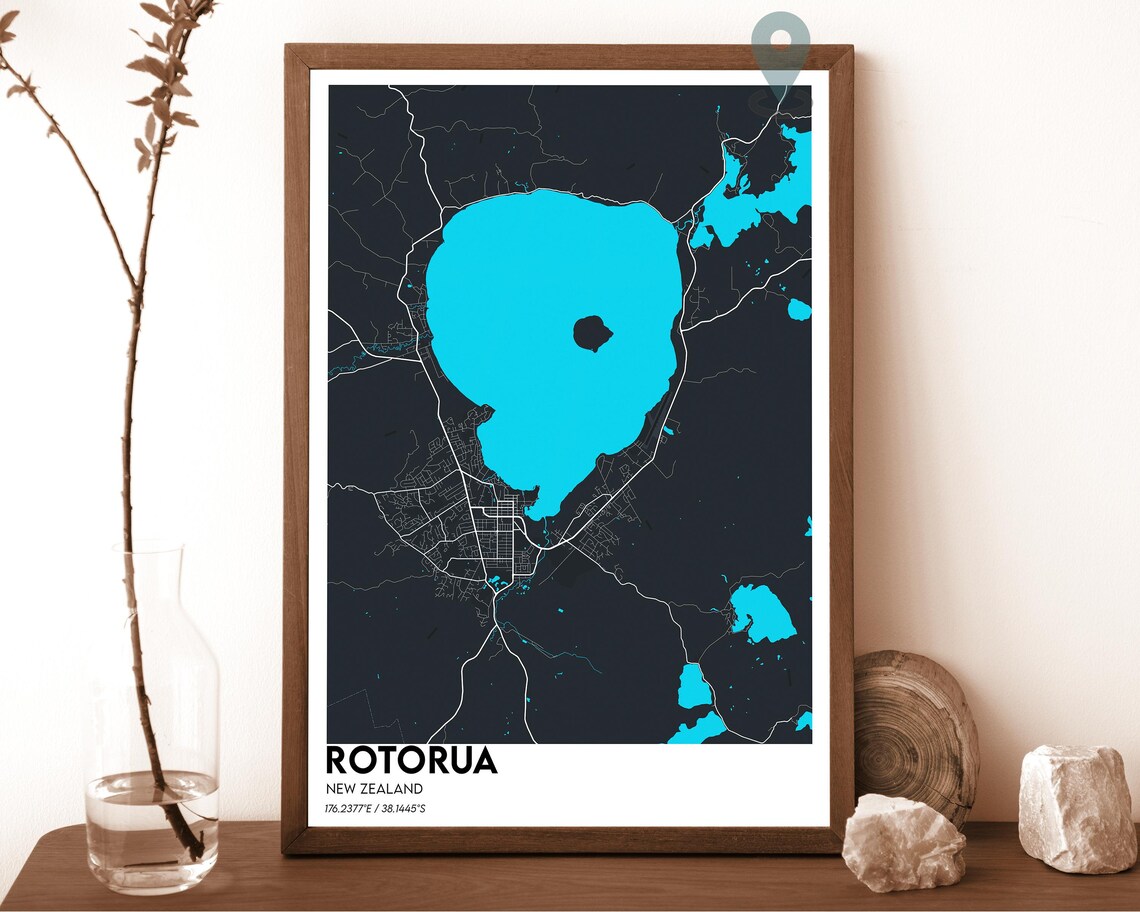 Rotorua New Zealand Dark Navy Modern Street Map Home Decor Poster