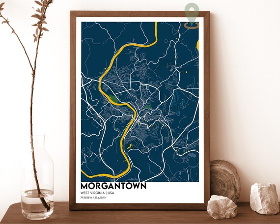 Morgantown West Virginia navy with a yellow river Street Map Coordinates Poster
