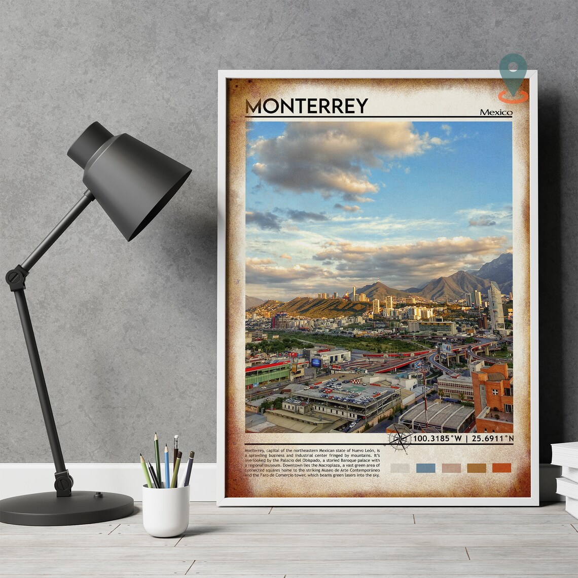 Monterrey Mexico City Skyline Mountain Backdrop Sunset Travel Poster - Image 4