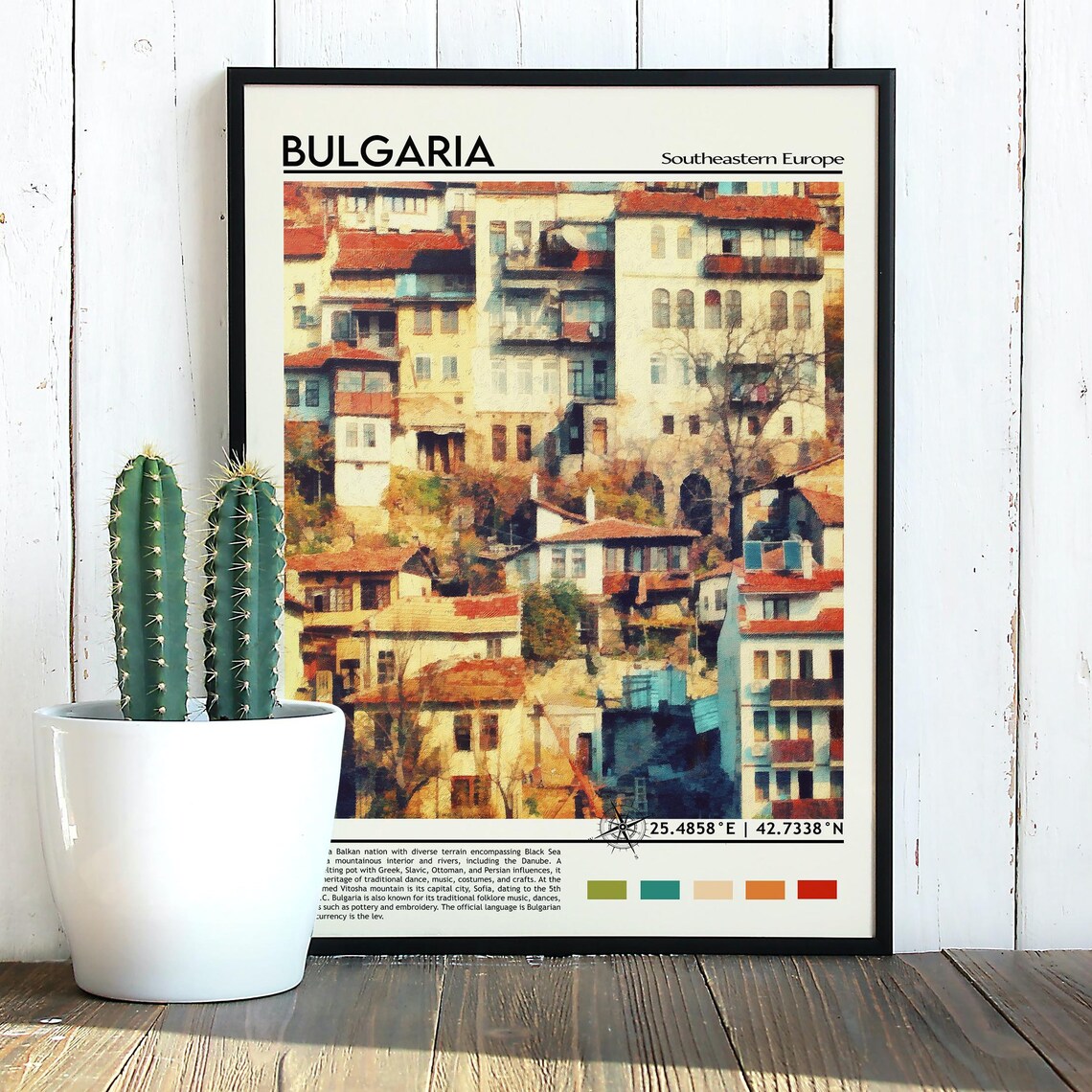 Bulgaria Southeast Europe Old Town Hillside Houses Watercolor Poster - Image 3