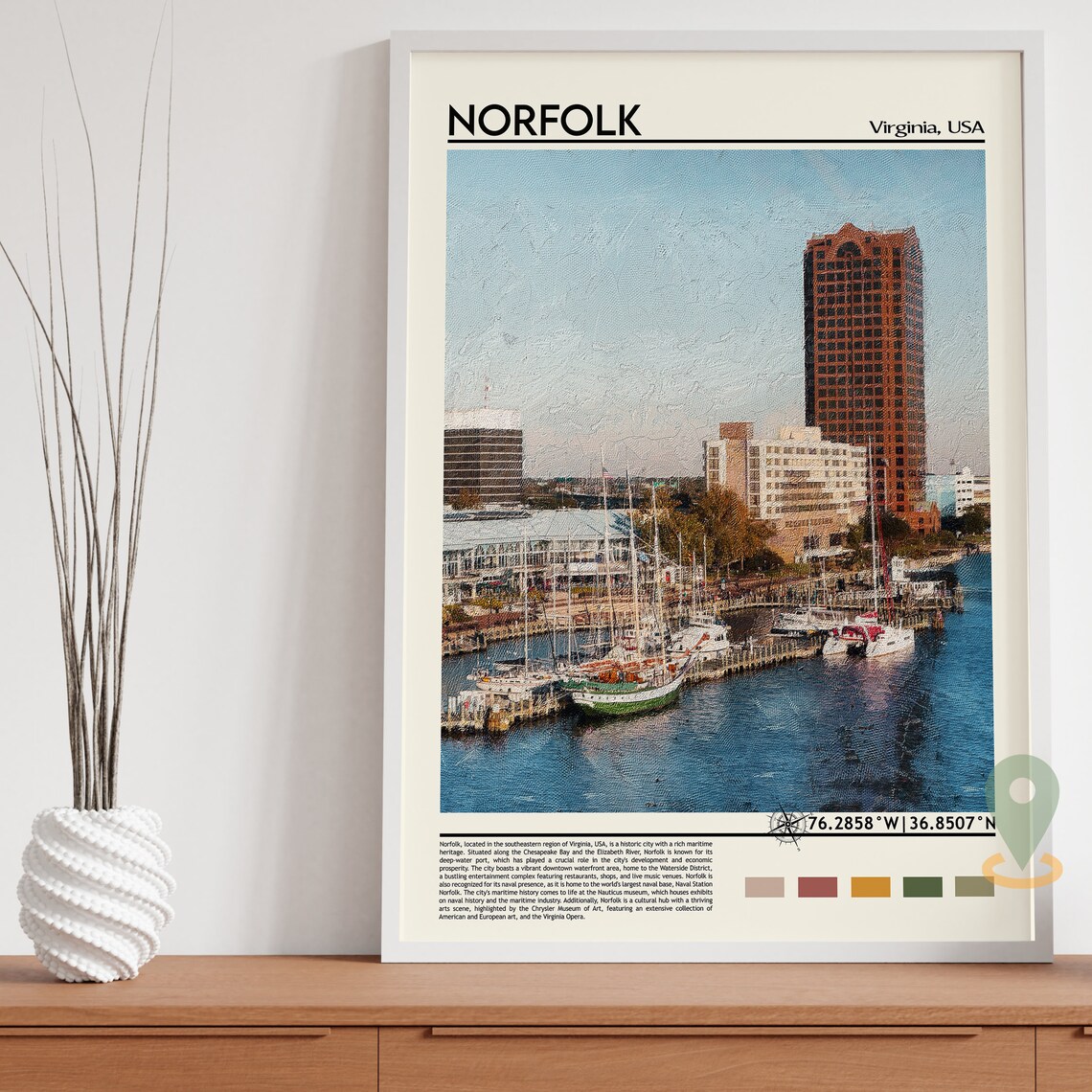 Norfolk Virginia Harbor Marina Skyline Painting Travel Poster - Image 5