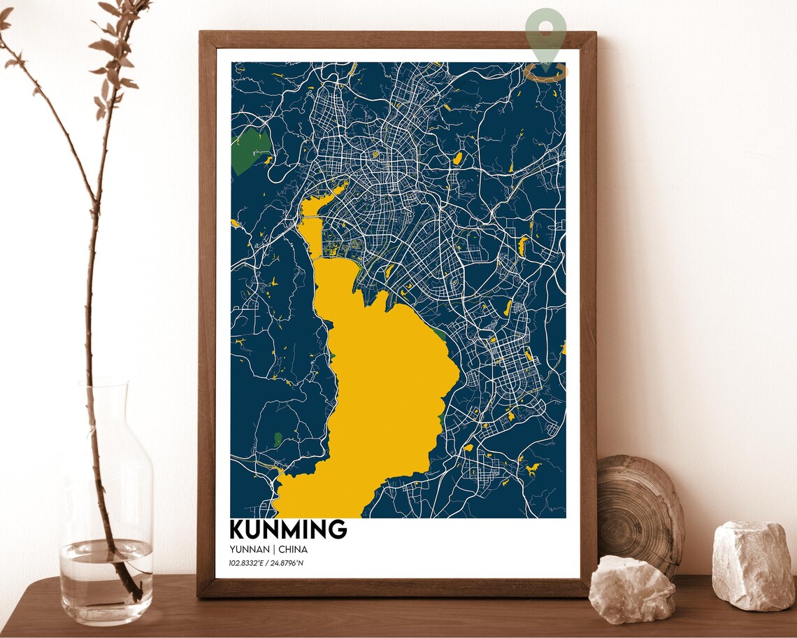 Kunming China Yunnan Lake Cream Minimalist City Map Wall Art - Image 4