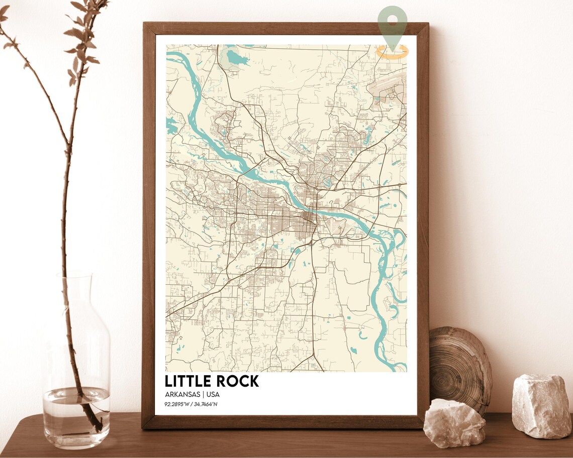 Little Rock Arkansas City Street Map With Teal River Minimalist Poster