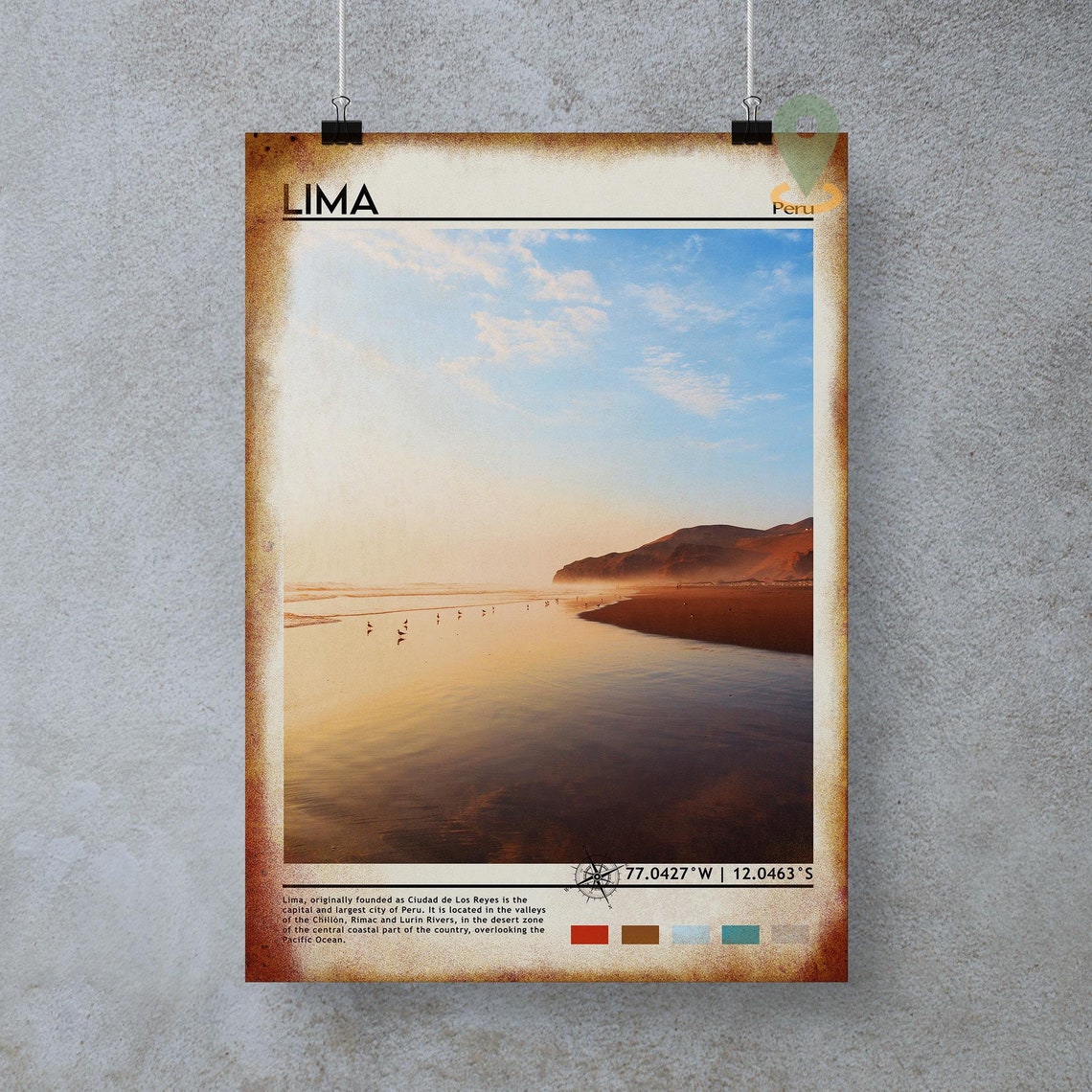 Lima Peru Pacific Beach Golden Sunset Waves Calm Travel Poster - Image 4
