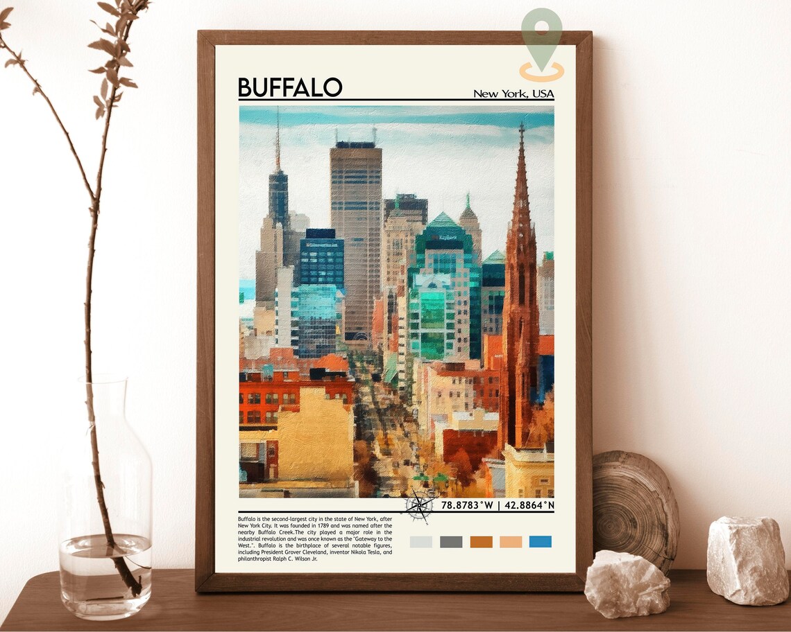 Buffalo New York Downtown Skyline Watercolor Style Travel Poster