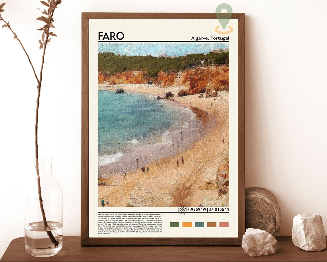 Faro Algarve Portugal Red Cliffs Sandy Beach Coastal Travel Print
