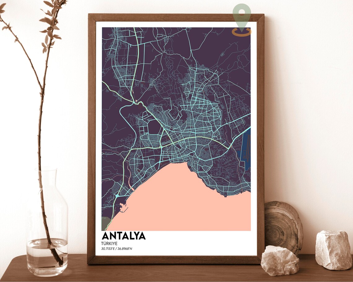 Antalya Turkiye Sepia Vintage Style Coastal City Street Map Poster - Image 6