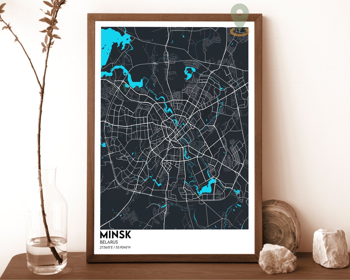 Minsk Belarus Dark Blue Yellow Modern City Street Map Poster - Image 2