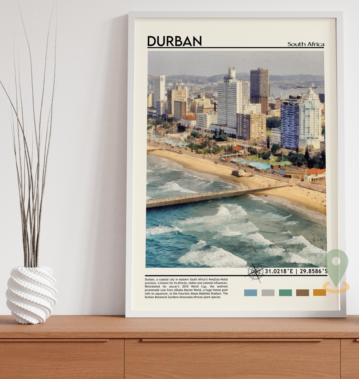Durban South Africa Beachfront Skyline Waves Aerial Travel Poster - Image 4