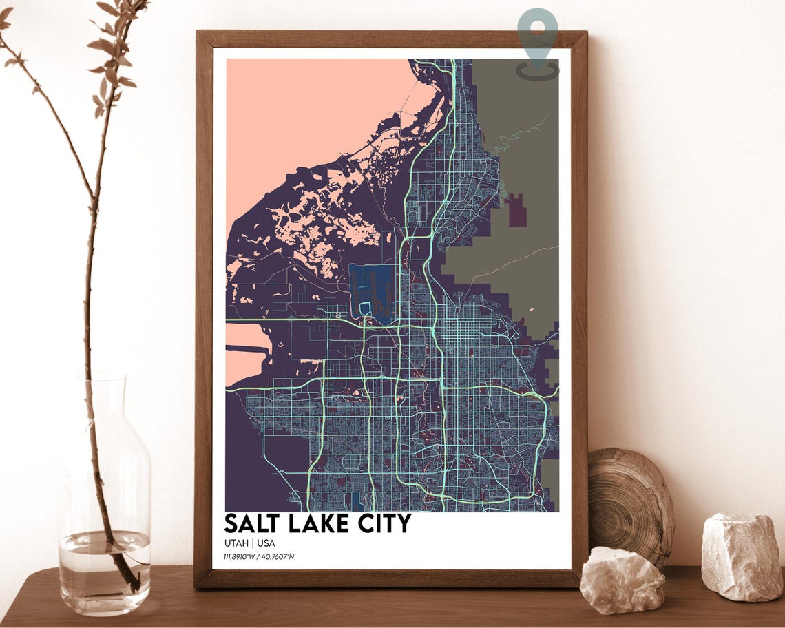Salt Lake City Utah Dark Cyan Water City Map Home Decor Poster - Image 3