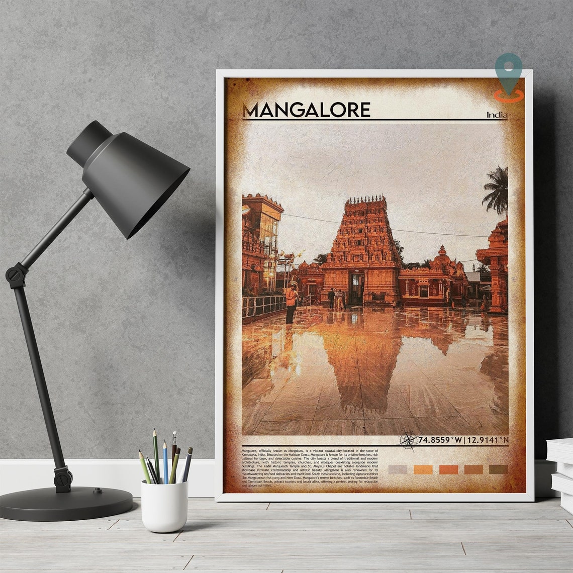 Mangalore India Ancient Temple Tower Wet Courtyard Reflection Poster - Image 4