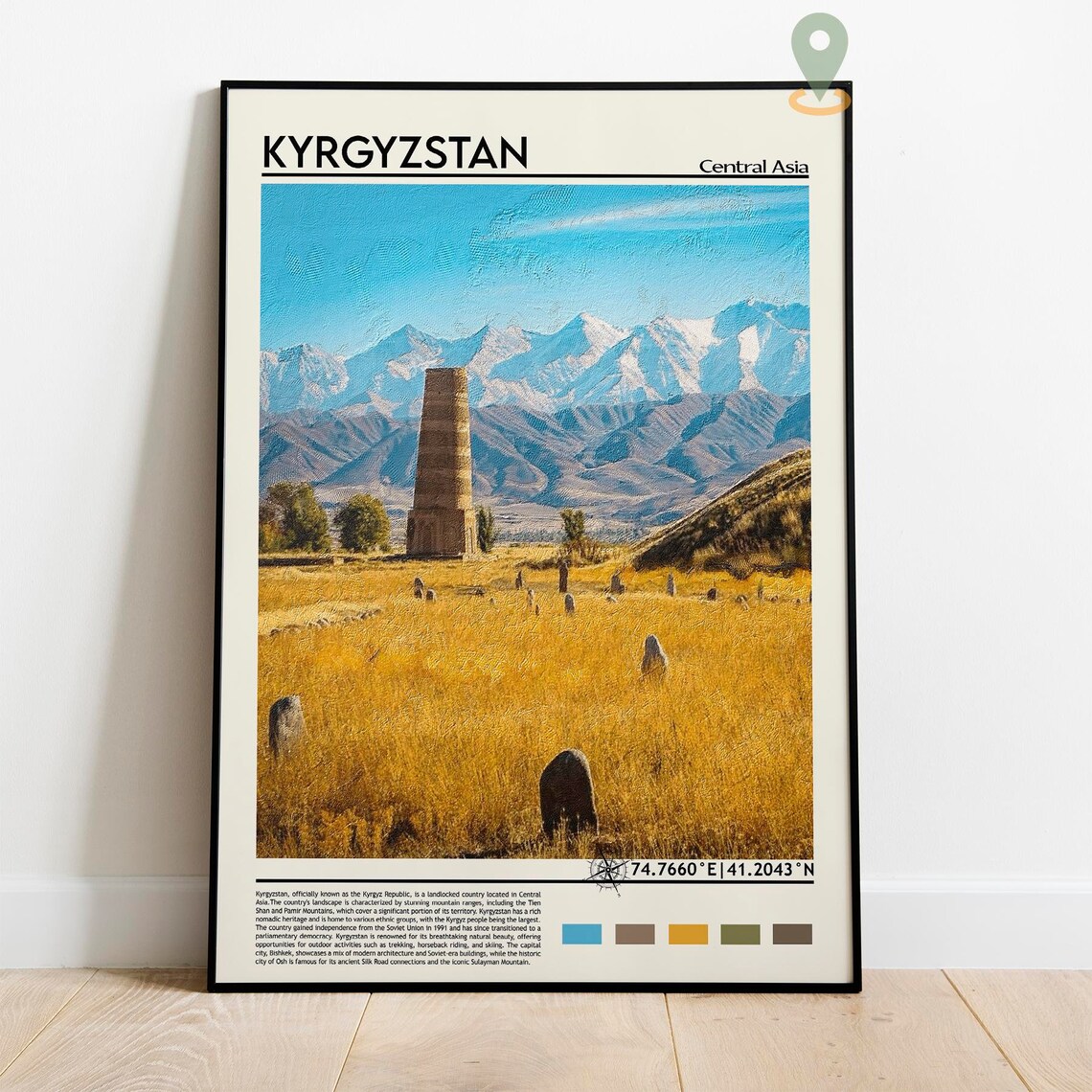 Kyrgyzstan Burana Tower Snowy Peaks Golden Meadow Field Poster - Image 2