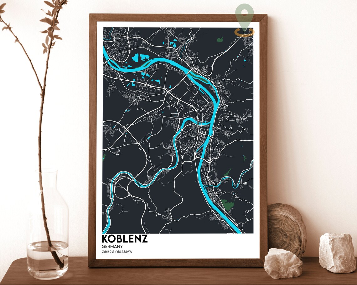 Koblenz Germany City Street Map Minimalist Urban Navy Yellow Art Poster - Image 6