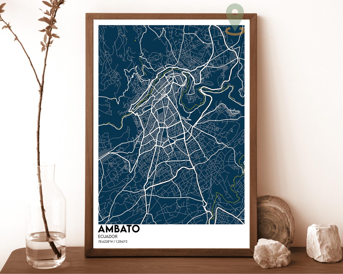 Ambato Ecuador charcoal black with white streets Street Map Coordinates Poster - Image 6