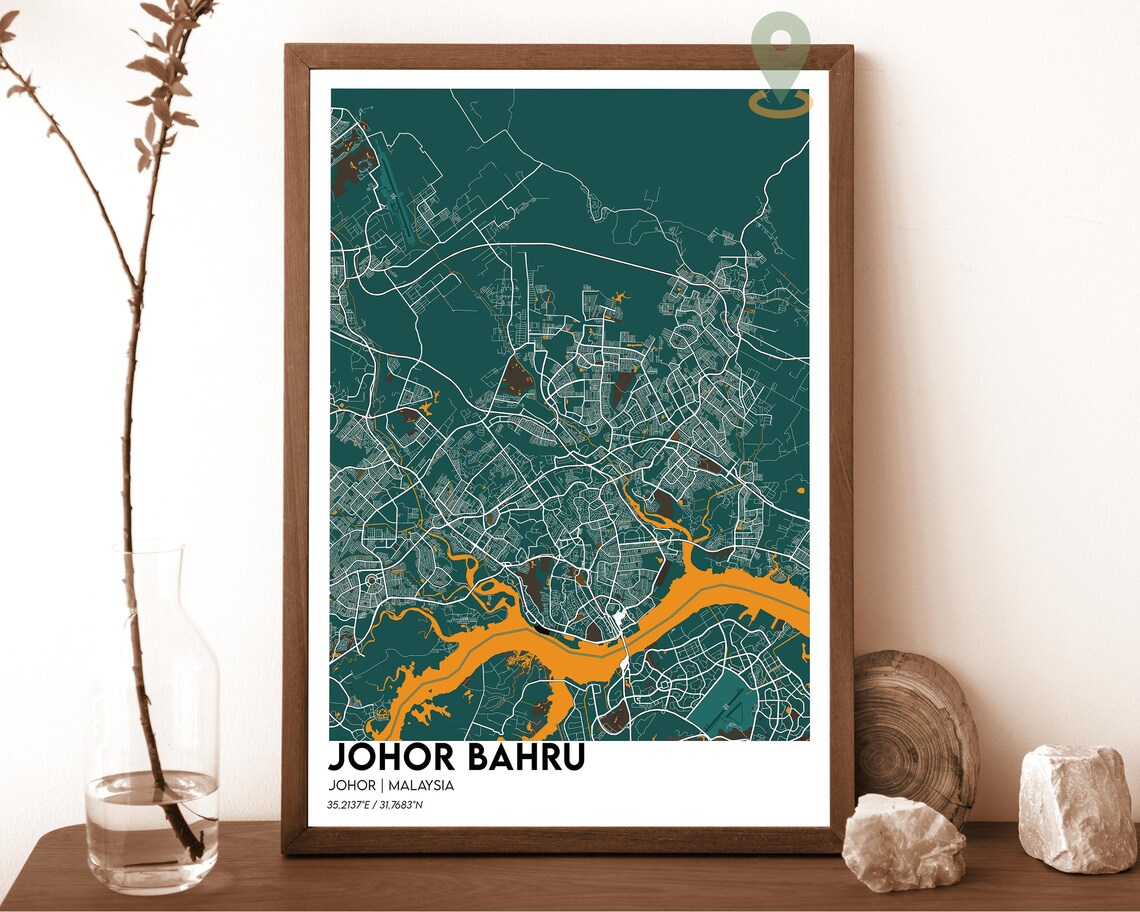 Johor Bahru Malaysia Cream Teal Minimalist City Map Wall Art - Image 3