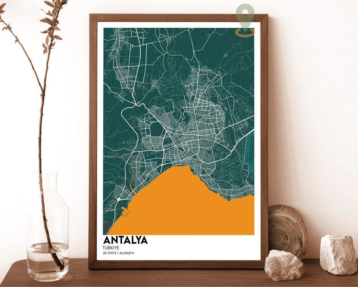 Antalya Turkiye Sepia Vintage Style Coastal City Street Map Poster - Image 4