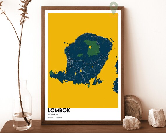 Lombok Indonesia Minimalist Mustard Yellow Island Map Poster