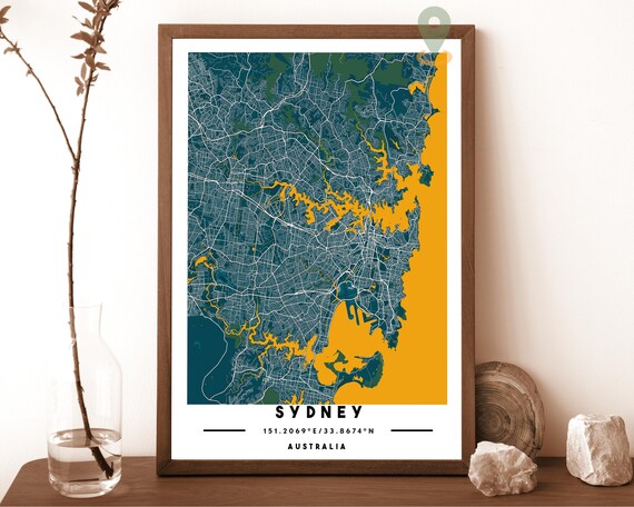 Sydney Australia City Map Art Poster Teal Yellow Modern Decor