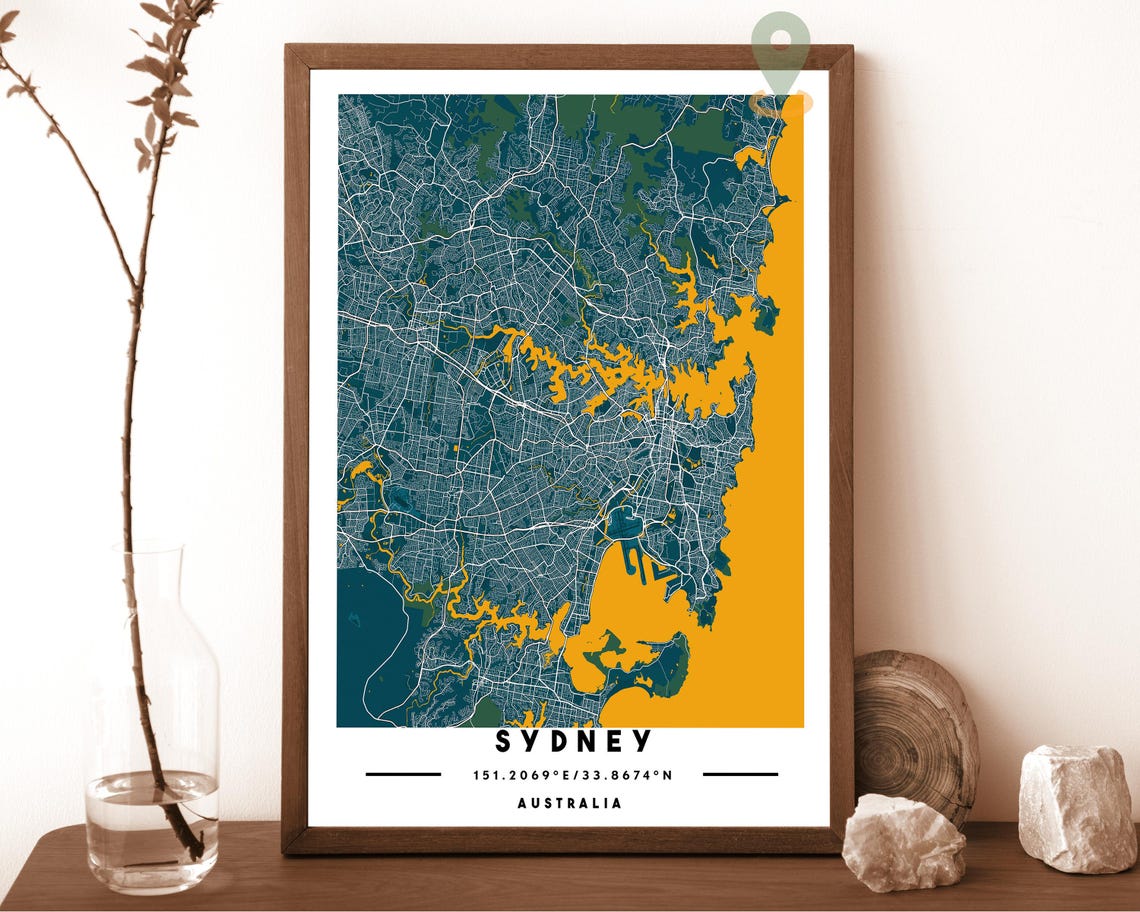 Sydney Australia City Map Art Poster Teal Yellow Modern Decor