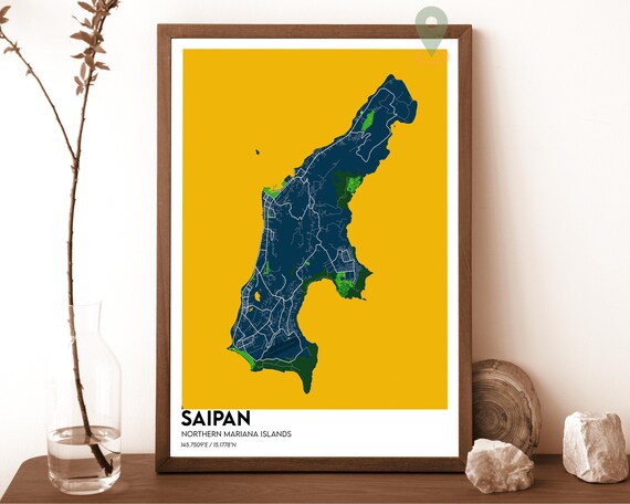 Saipan Northern Mariana Islands Navy Yellow Modern Map Poster