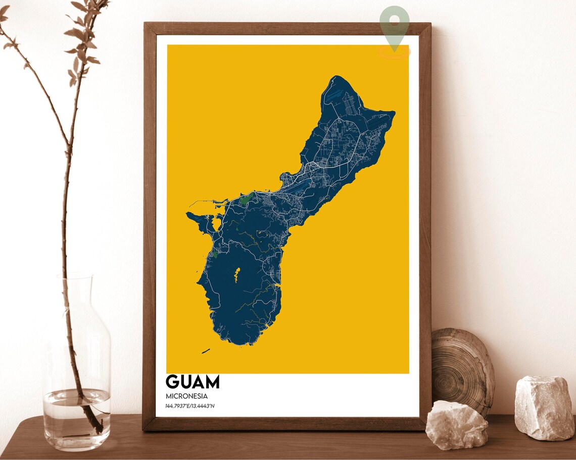 Guam Micronesia Navy Blue Island Map Mustard Yellow Travel Poster