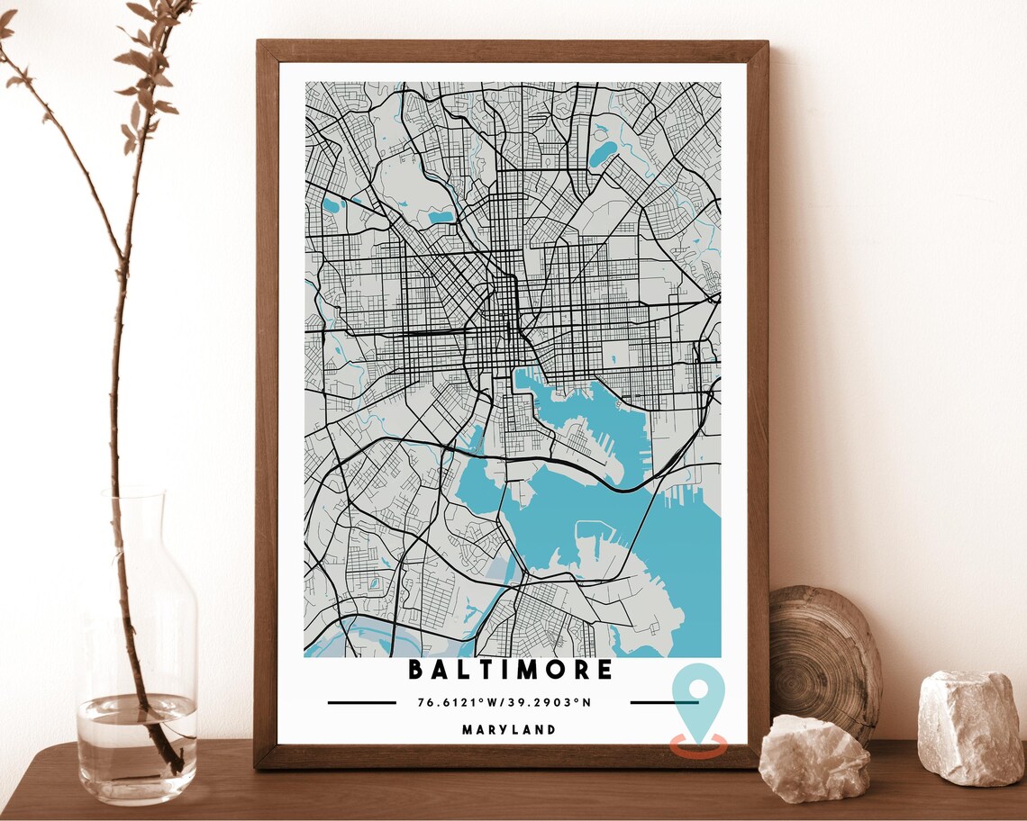 Baltimore Maryland teal with an orange harbor Street Map Coordinates Poster - Image 3