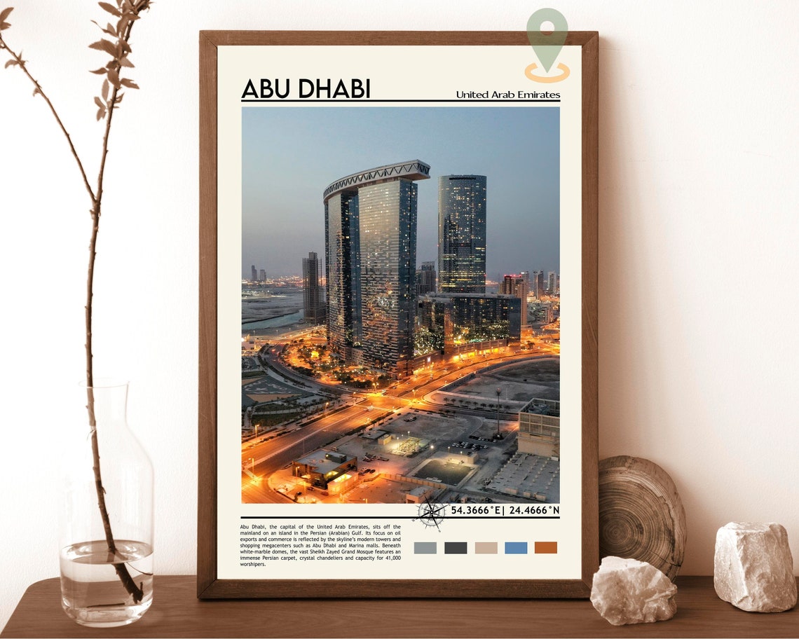 Abu Dhabi UAE Gate Towers Dusk City Lights Skyline Travel Poster