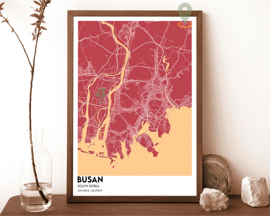 Busan South Korea City Map Art Poster Orange Charcoal Modern Decor - Image 3