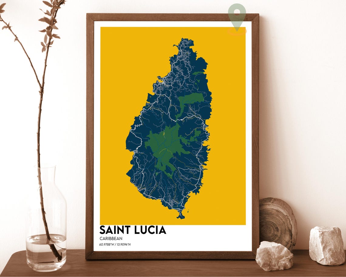 Saint Lucia Caribbean Navy Island Map Poster on Mustard Yellow
