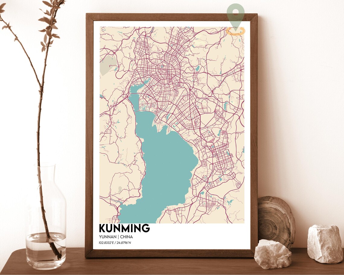 Kunming China Yunnan Lake Cream Minimalist City Map Wall Art - Image 2