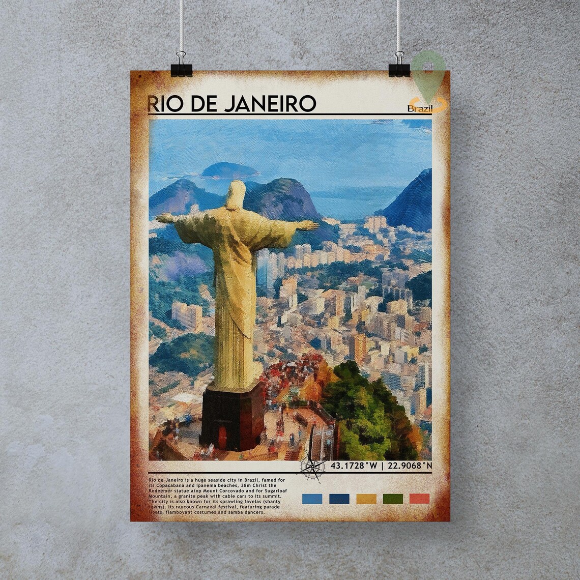 Rio de Janeiro Brazil Christ the Redeemer Painted Travel Poster - Image 3