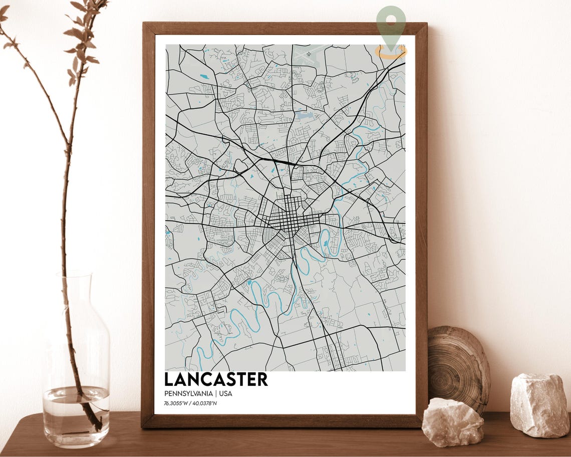 Lancaster Pennsylvania Monochrome Minimalist Street Map Poster