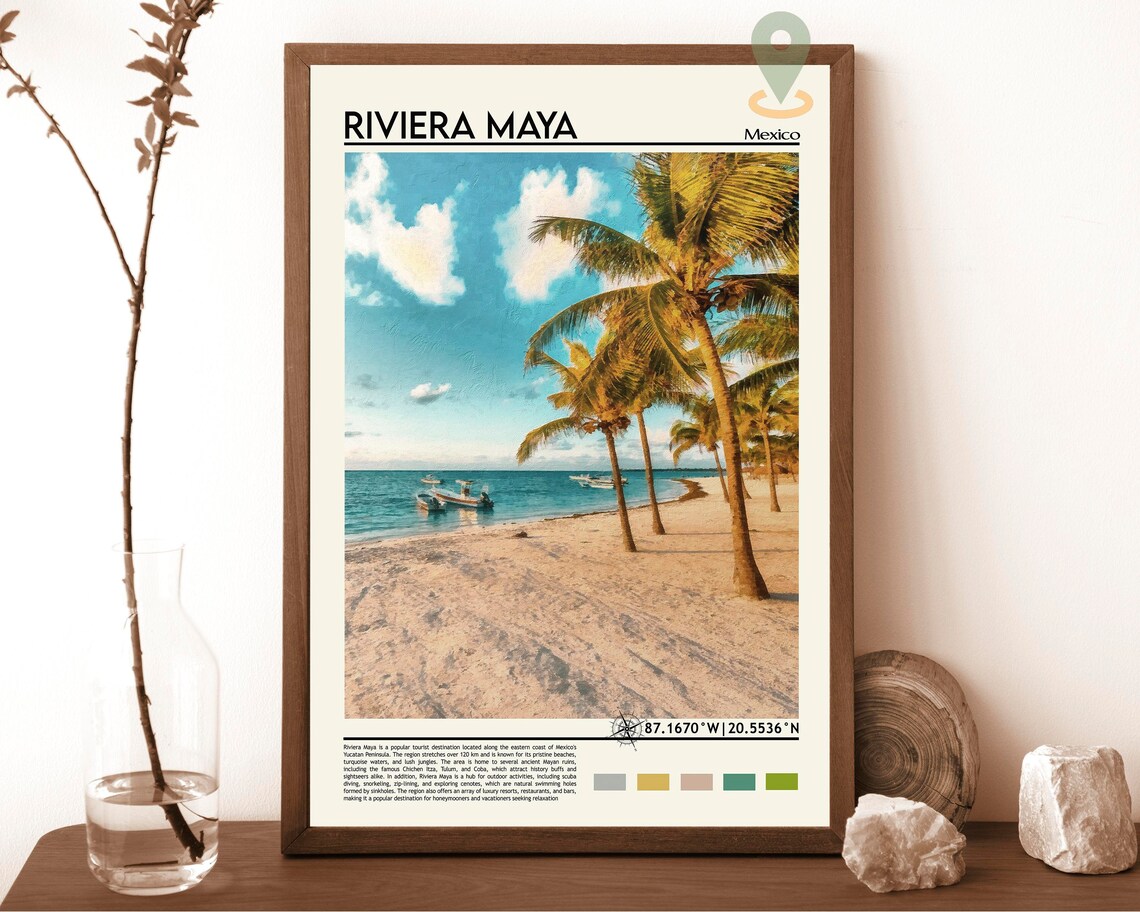 Riviera Maya Mexico Palm Beach Turquoise Sea Boats Travel Poster