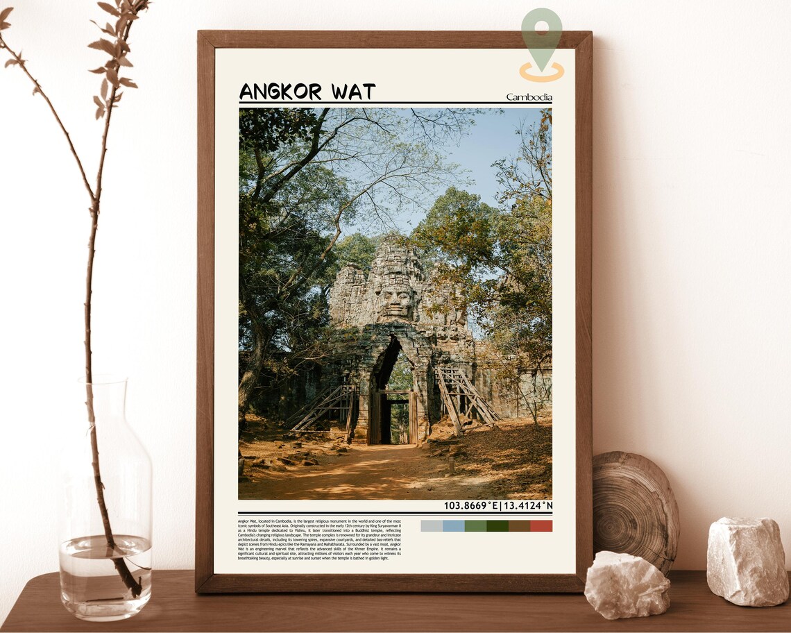 Angkor Wat Cambodia Jungle Stone Temple Gate Vintage Travel Poster