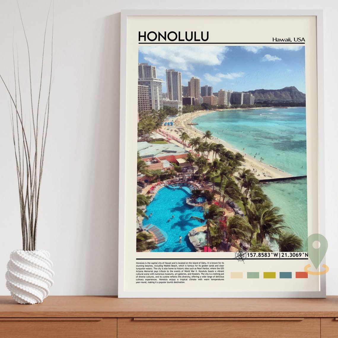 Honolulu Hawaii Waikiki Beach Diamond Head Travel Poster Surf - Image 3