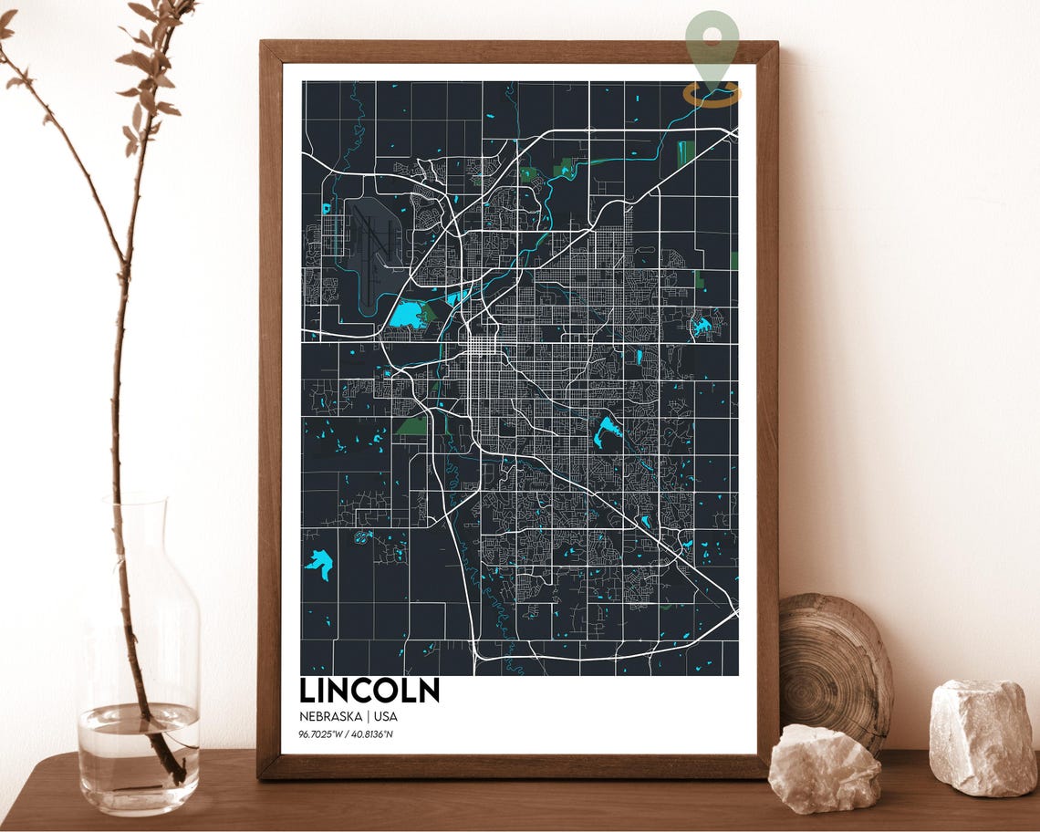 Lincoln Nebraska Black Street Map Night Grid City Art Poster