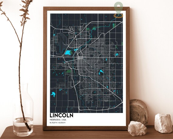 Lincoln Nebraska Black Street Map Night Grid City Art Poster