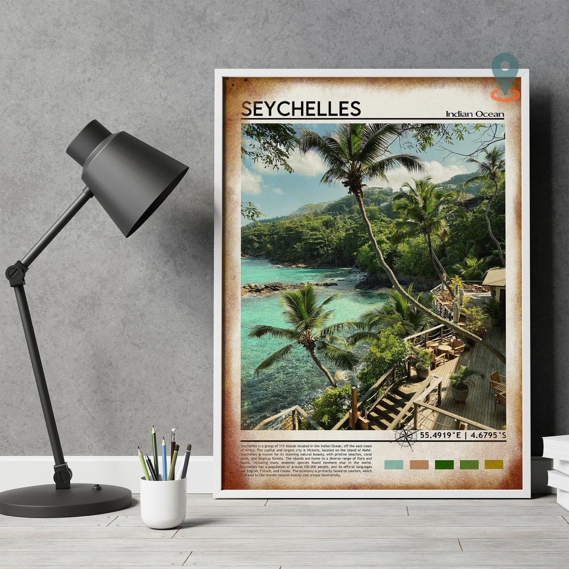 Seychelles Indian Ocean Tropical Palm Beach Paradise Coordinate Poster - Image 4